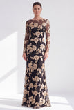 Black Champagne Long Sleeves Floral Illusion Boat Neck Mother of the Bride Dress