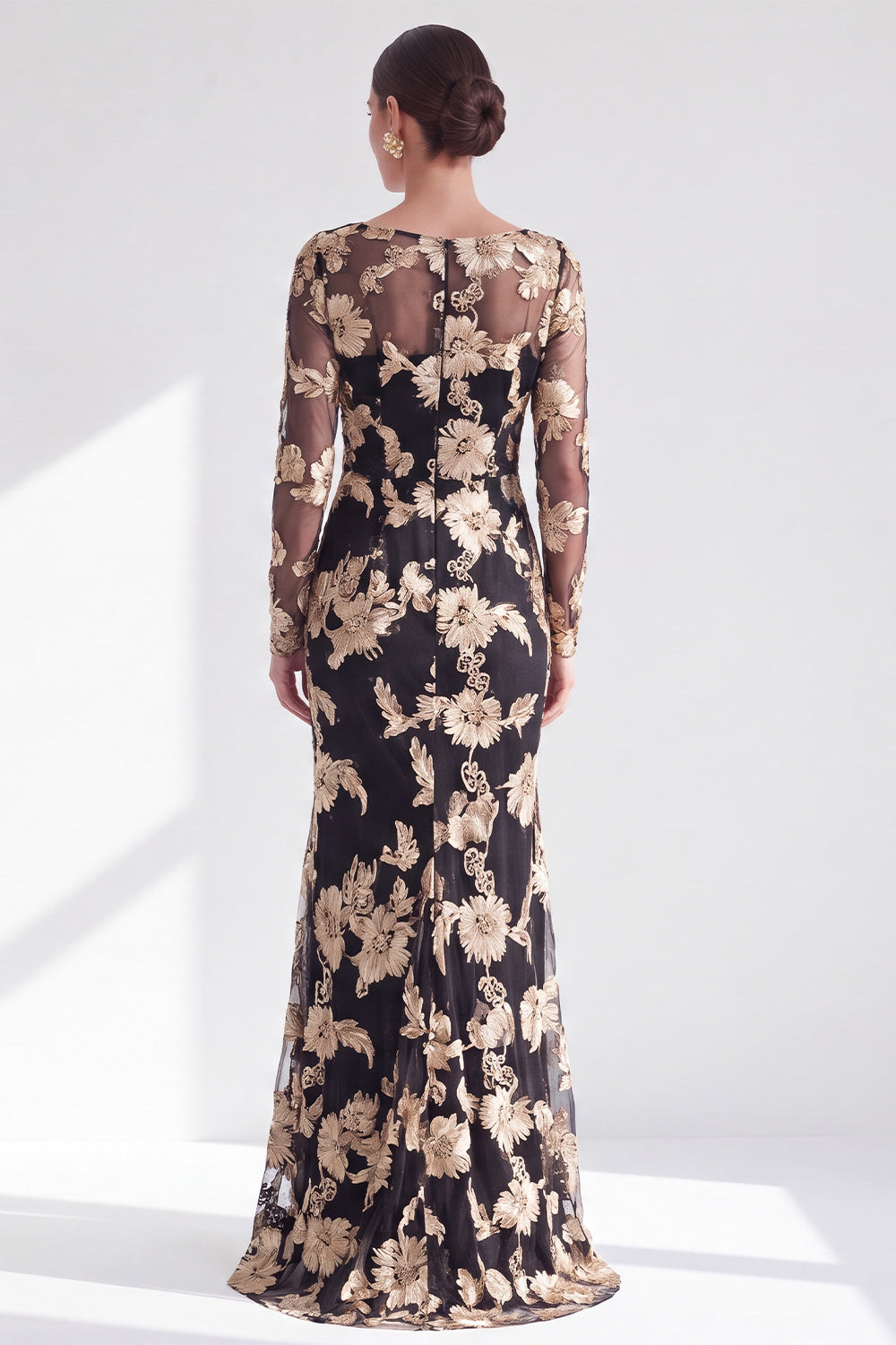 Black Champagne Long Sleeves Floral Illusion Boat Neck Mother of the Bride Dress
