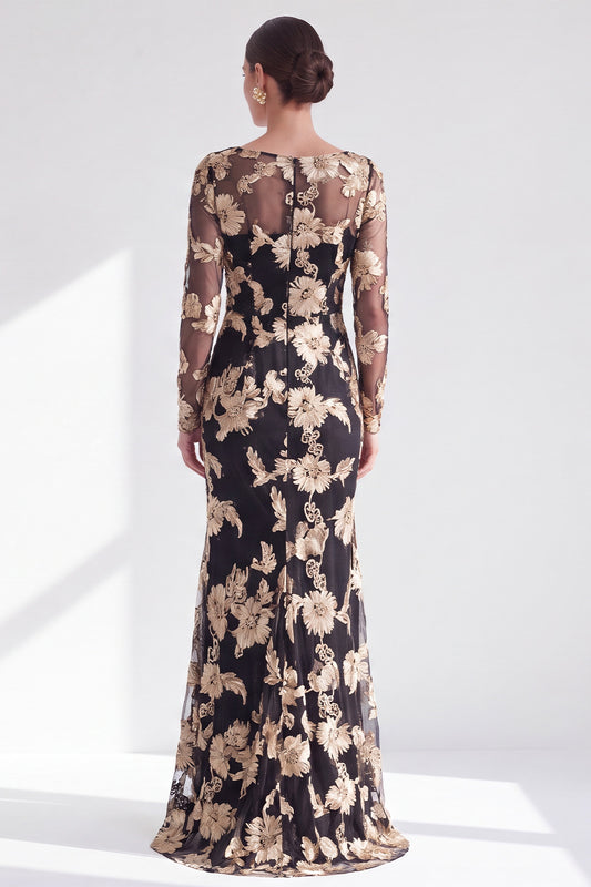 Black Champagne Long Sleeves Floral Illusion Boat Neck Mother of the Bride Dress