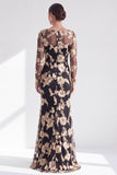 Black Champagne Long Sleeves Floral Illusion Boat Neck Mother of the Bride Dress
