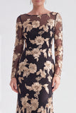 Black Champagne Long Sleeves Floral Illusion Boat Neck Mother of the Bride Dress