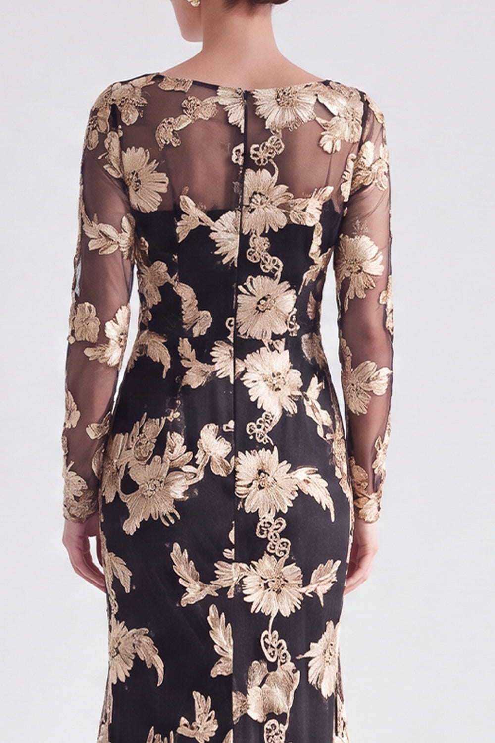 Black Champagne Long Sleeves Floral Illusion Boat Neck Mother of the Bride Dress