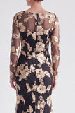 Black Champagne Long Sleeves Floral Illusion Boat Neck Mother of the Bride Dress