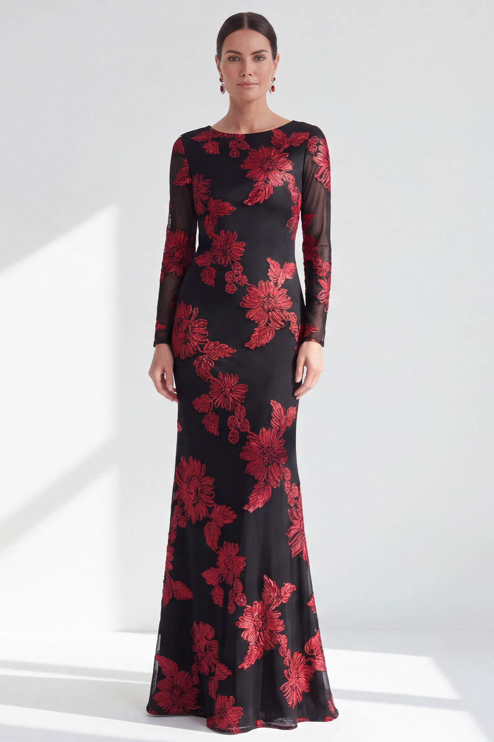 Black Champagne Long Sleeves Floral Illusion Boat Neck Mother of the Bride Dress