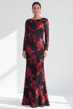 Black Champagne Long Sleeves Floral Illusion Boat Neck Mother of the Bride Dress