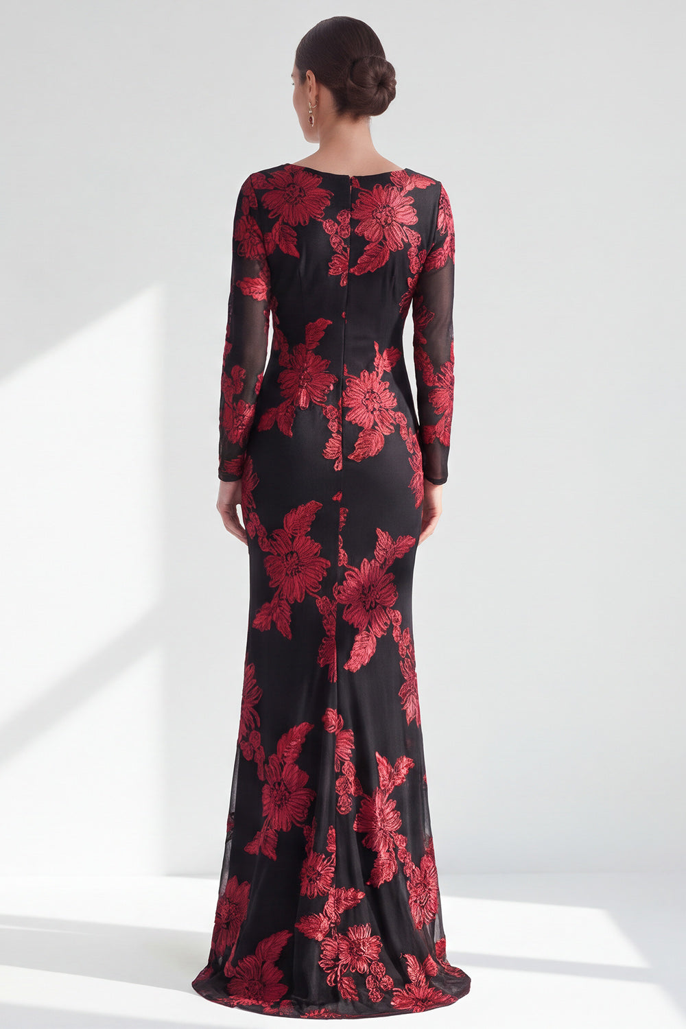 Black Champagne Long Sleeves Floral Illusion Boat Neck Mother of the Bride Dress