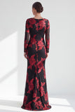 Black Champagne Long Sleeves Floral Illusion Boat Neck Mother of the Bride Dress