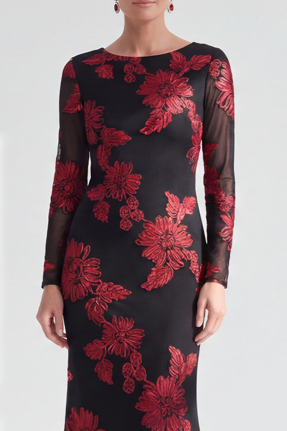 Black Champagne Long Sleeves Floral Illusion Boat Neck Mother of the Bride Dress