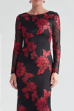 Black Champagne Long Sleeves Floral Illusion Boat Neck Mother of the Bride Dress