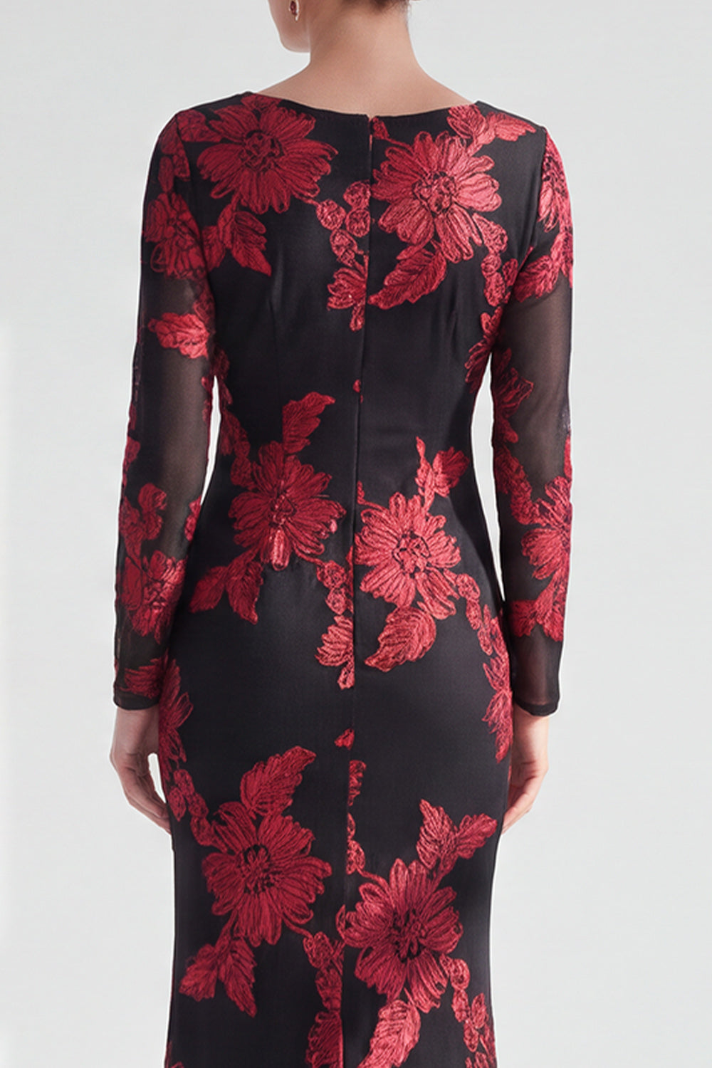 Black Champagne Long Sleeves Floral Illusion Boat Neck Mother of the Bride Dress