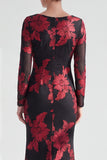 Black Champagne Long Sleeves Floral Illusion Boat Neck Mother of the Bride Dress