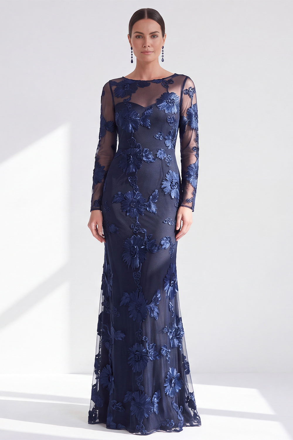 Zapakasa Women Black Champagne Floral Long Mother of the Bride Dress with Sleeves Illusion Boat Neck Mermaid Mother of the Groom Dress