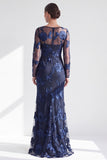 Black Champagne Long Sleeves Floral Illusion Boat Neck Mother of the Bride Dress