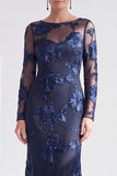 Black Champagne Long Sleeves Floral Illusion Boat Neck Mother of the Bride Dress