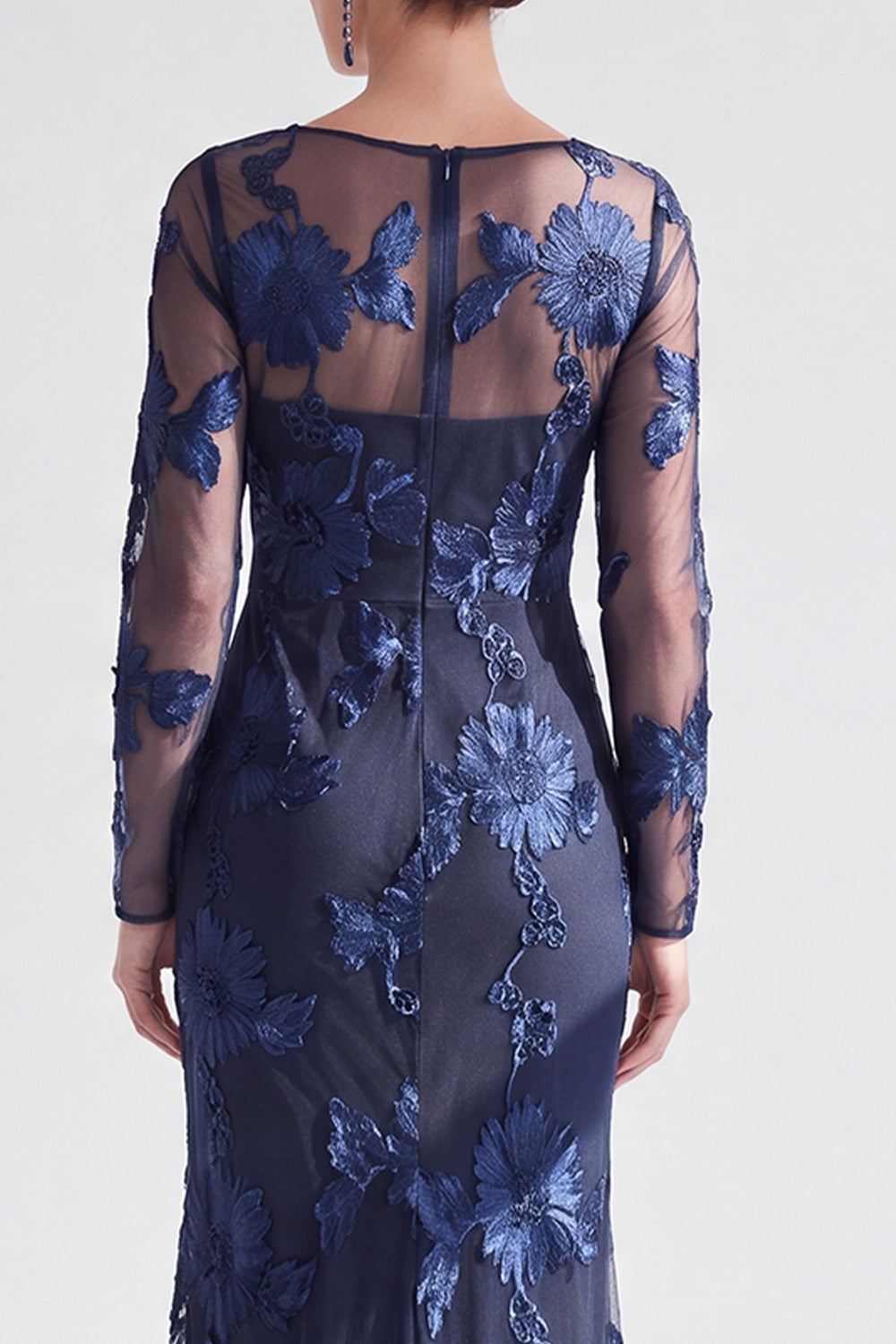 Black Champagne Long Sleeves Floral Illusion Boat Neck Mother of the Bride Dress