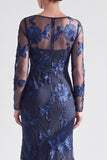 Black Champagne Long Sleeves Floral Illusion Boat Neck Mother of the Bride Dress