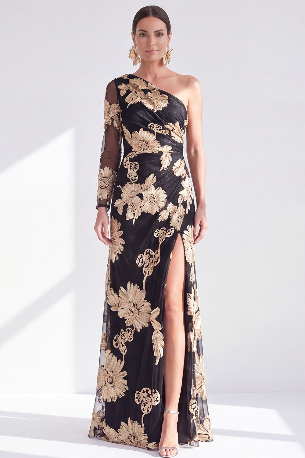 Black Champagne Floral One Shoulder Long Mother of the Bride Dress with Slit