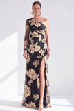 Black Champagne Floral One Shoulder Long Mother of the Bride Dress with Slit