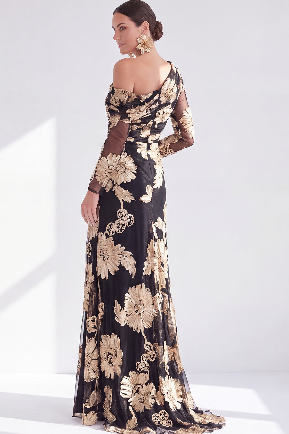 Black Champagne Floral One Shoulder Long Mother of the Bride Dress with Slit
