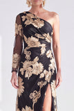 Black Champagne Floral One Shoulder Long Mother of the Bride Dress with Slit