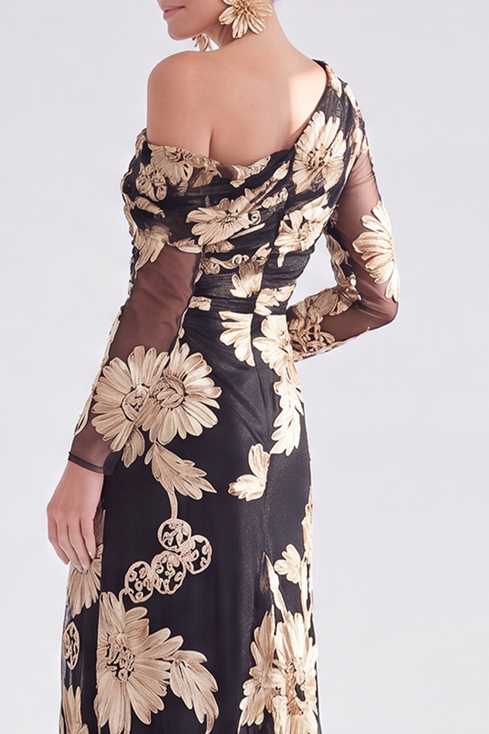 Black Champagne Floral One Shoulder Long Mother of the Bride Dress with Slit