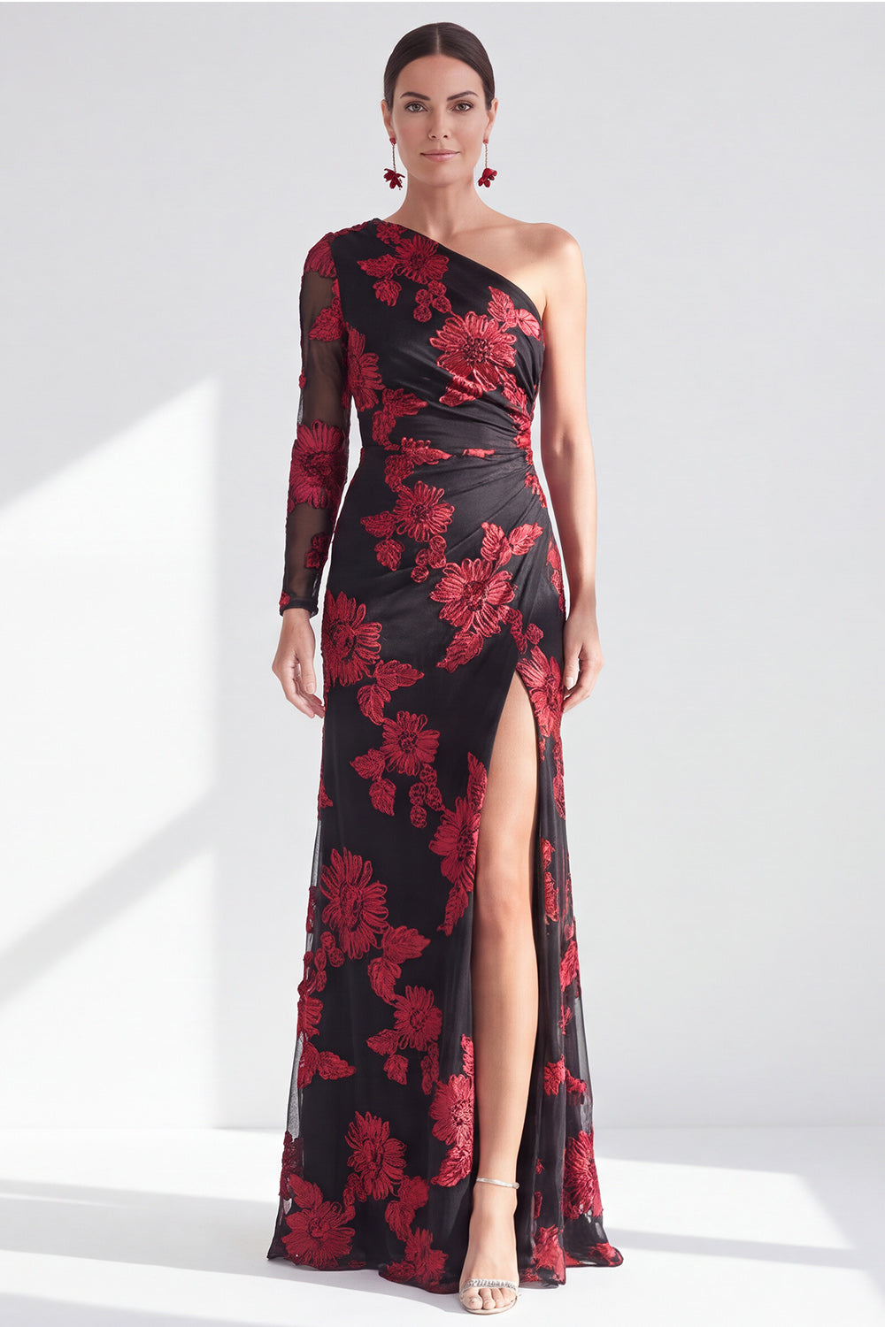 Black Champagne Floral One Shoulder Long Mother of the Bride Dress with Slit