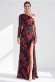 Black Champagne Floral One Shoulder Long Mother of the Bride Dress with Slit