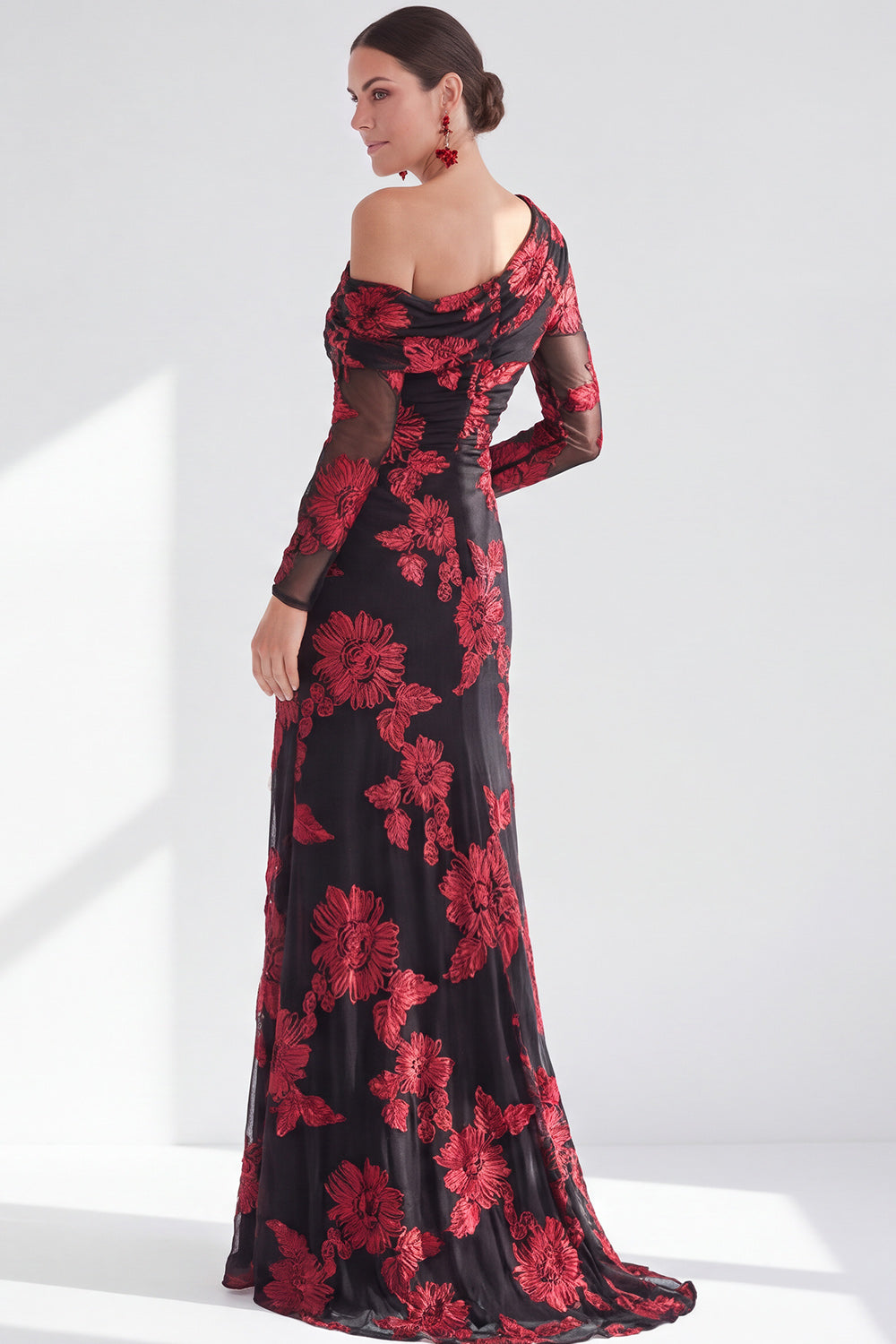 Black Champagne Floral One Shoulder Long Mother of the Bride Dress with Slit
