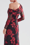 Black Champagne Floral One Shoulder Long Mother of the Bride Dress with Slit