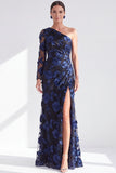 Black Champagne Floral One Shoulder Long Mother of the Bride Dress with Slit
