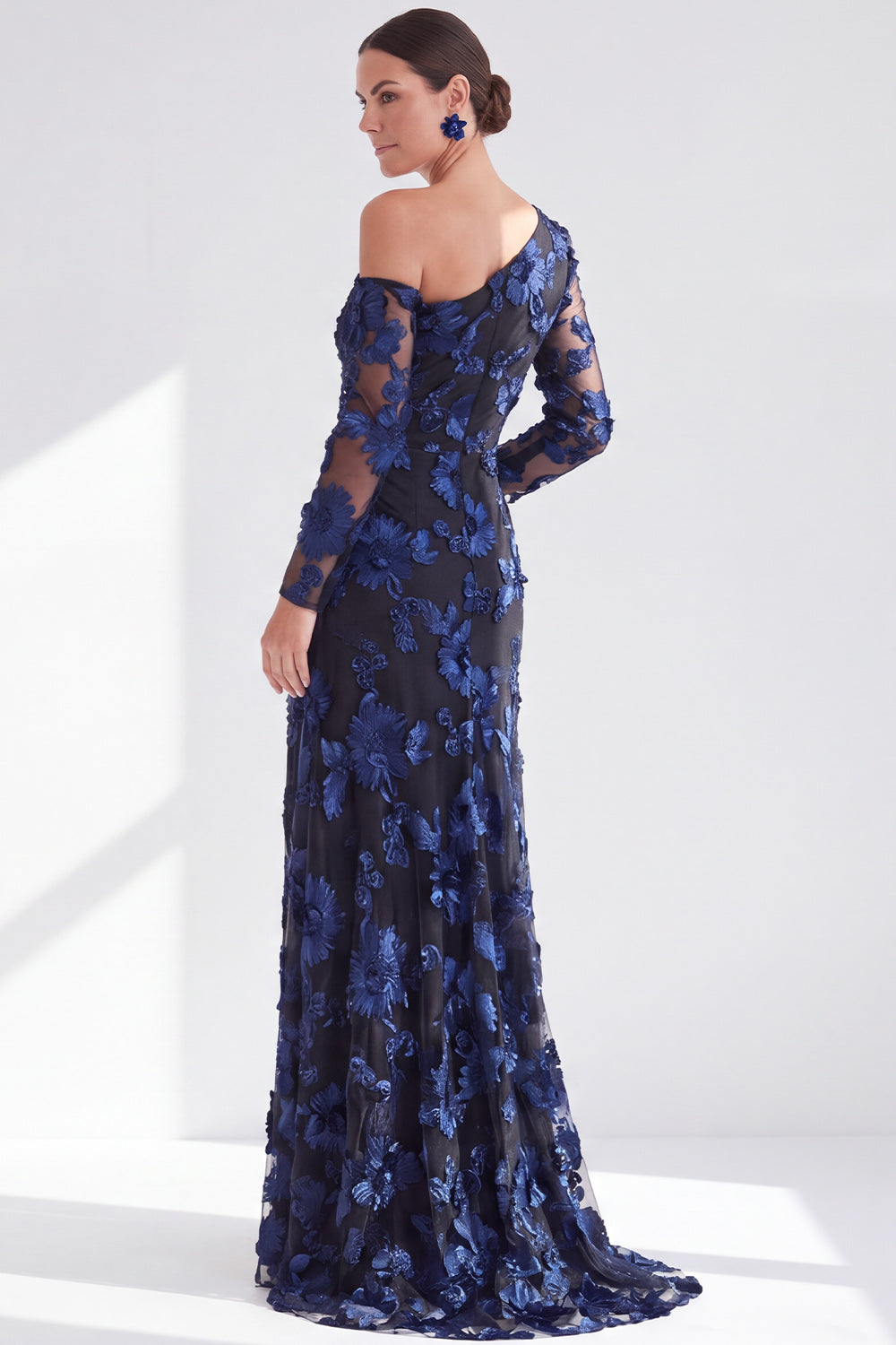 Black Champagne Floral One Shoulder Long Mother of the Bride Dress with Slit