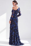 Black Champagne Floral One Shoulder Long Mother of the Bride Dress with Slit