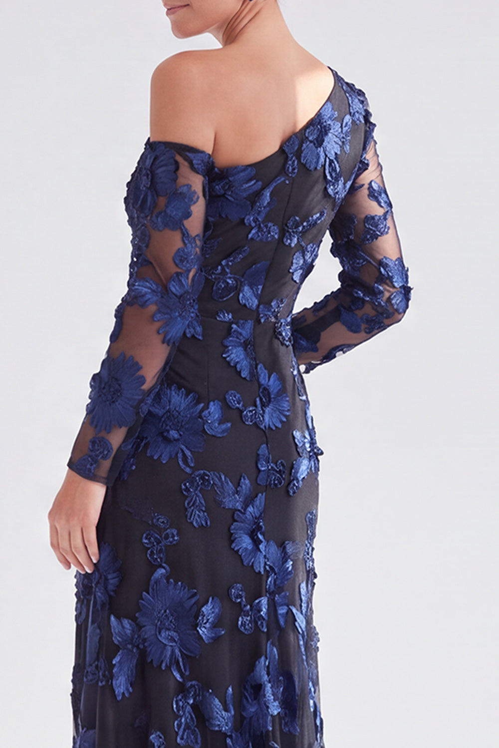 Black Champagne Floral One Shoulder Long Mother of the Bride Dress with Slit