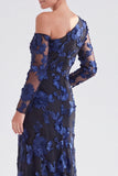 Black Champagne Floral One Shoulder Long Mother of the Bride Dress with Slit