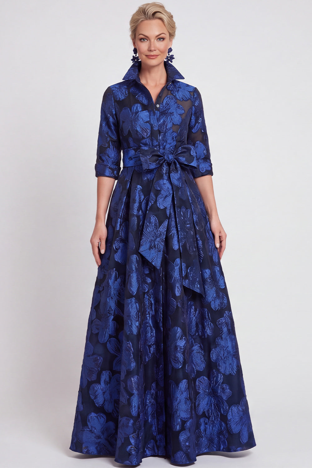 Navy Floral A Line Jacquard Long Mother of the Bride Dress with Bow
