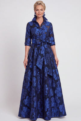 Navy Floral A Line Jacquard Long Mother of the Bride Dress with Bow