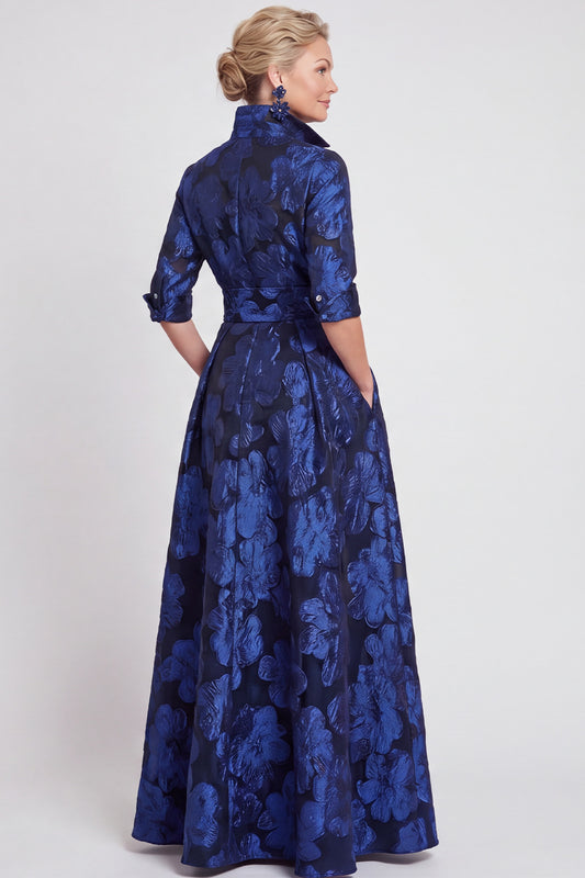 Navy Floral A Line Jacquard Long Mother of the Bride Dress with Bow