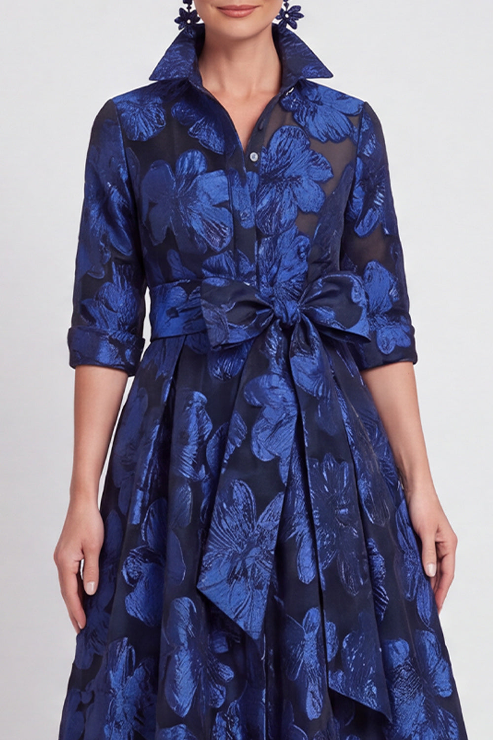 Navy Floral A Line Jacquard Long Mother of the Bride Dress with Bow