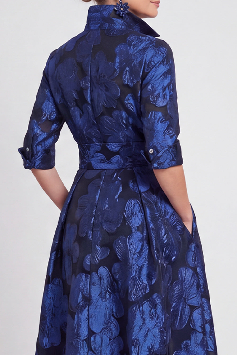 Navy Floral A Line Jacquard Long Mother of the Bride Dress with Bow