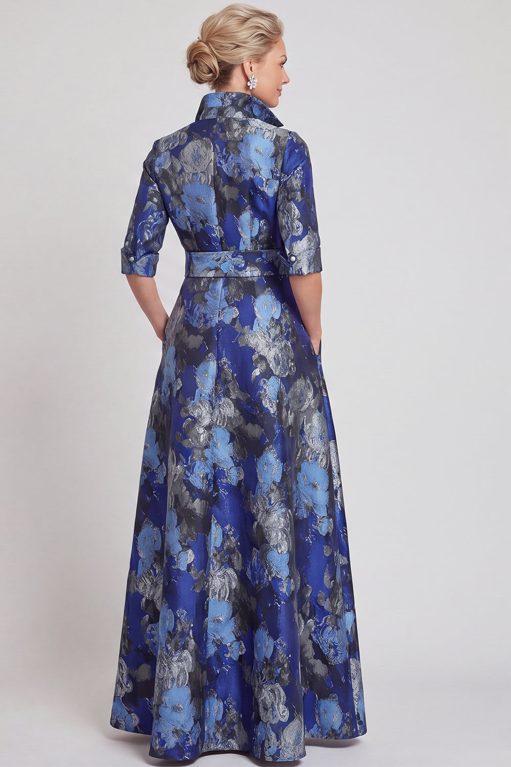 Navy Floral A Line Jacquard Long Mother of the Bride Dress with Bow