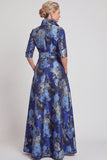 Navy Floral A Line Jacquard Long Mother of the Bride Dress with Bow