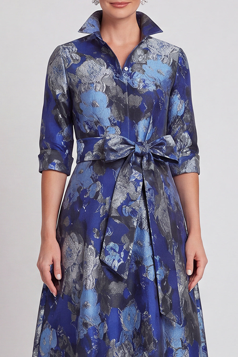 Navy Floral A Line Jacquard Long Mother of the Bride Dress with Bow