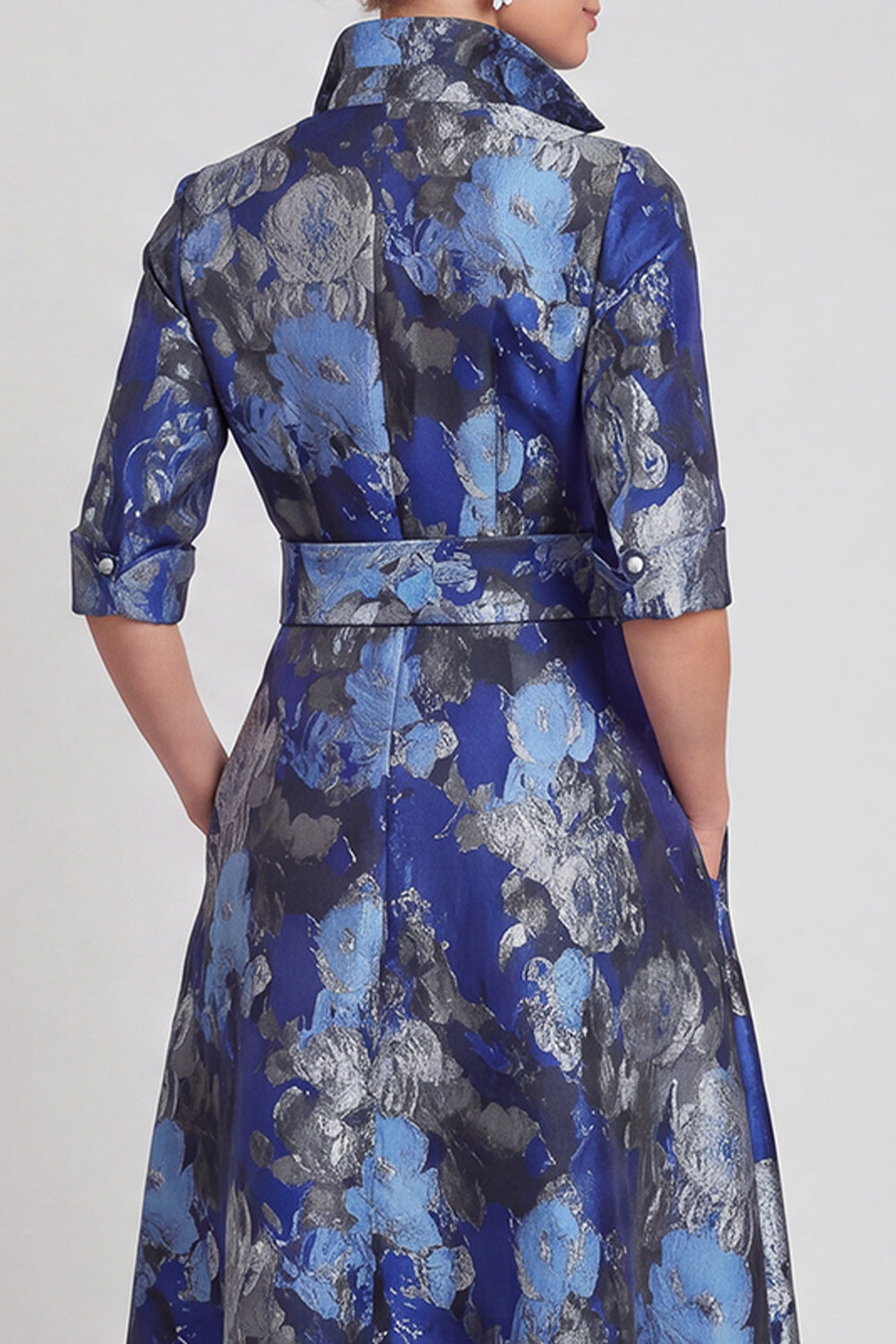 Navy Floral A Line Jacquard Long Mother of the Bride Dress with Bow