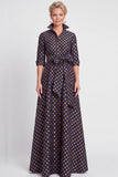 Navy Floral A Line Jacquard Long Mother of the Bride Dress with Bow