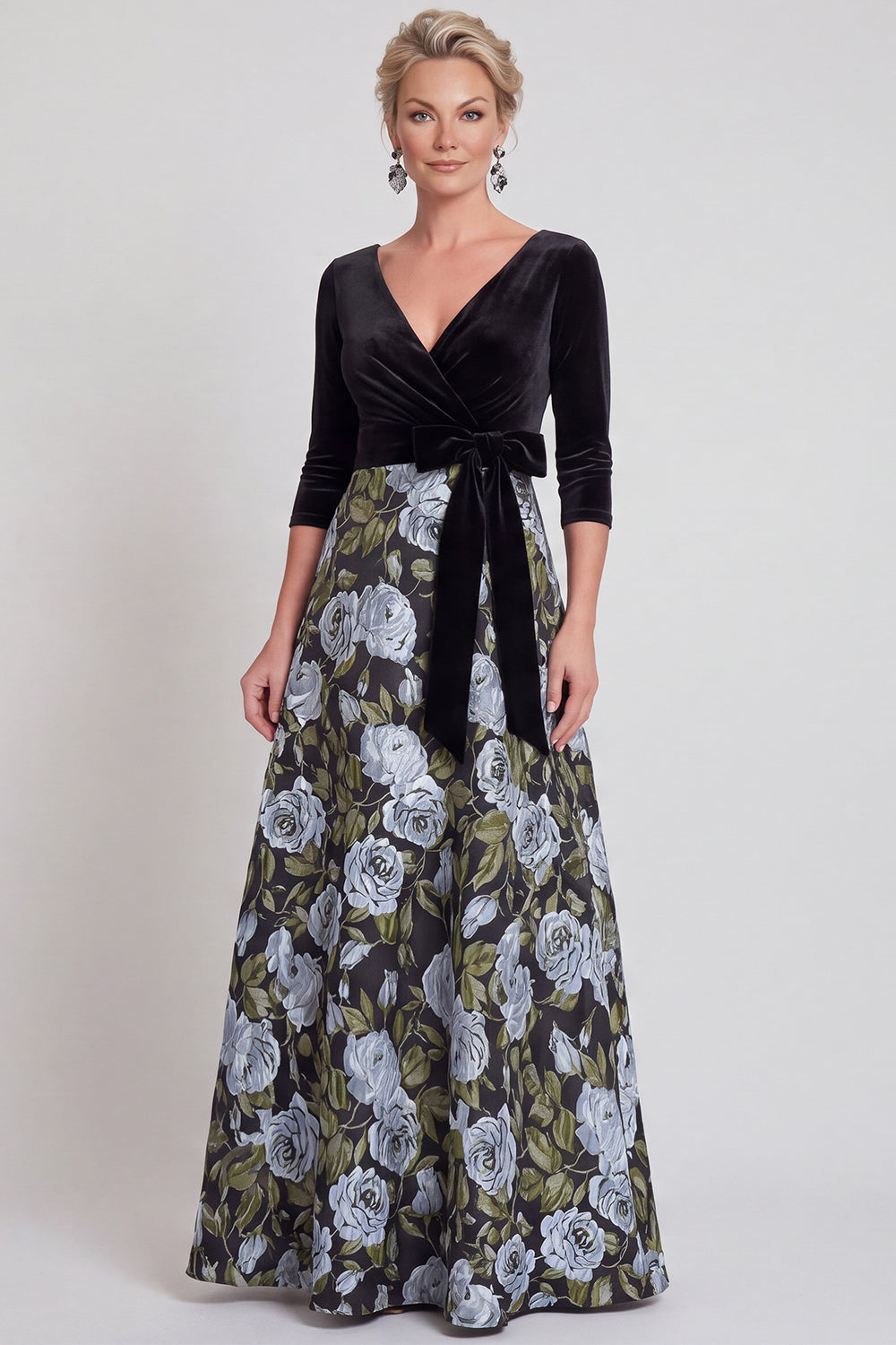 Blue Flower A Line Velvet Long Mother of the Bride Dress with Bow