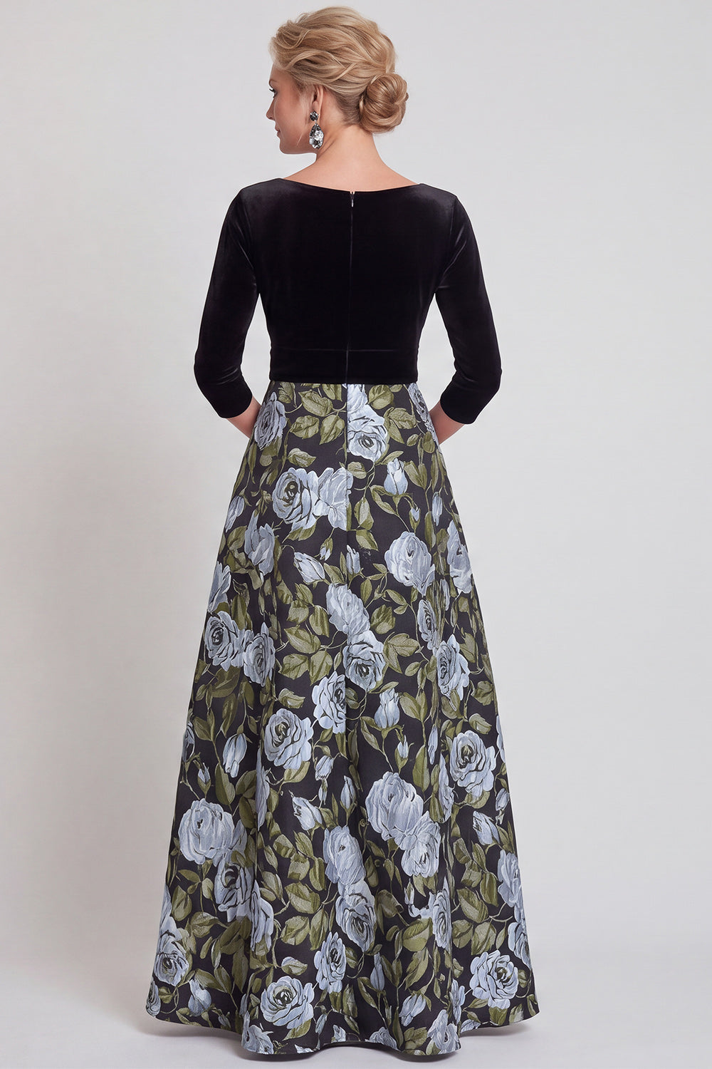 Blue Flower A Line Velvet Long Mother of the Bride Dress with Bow