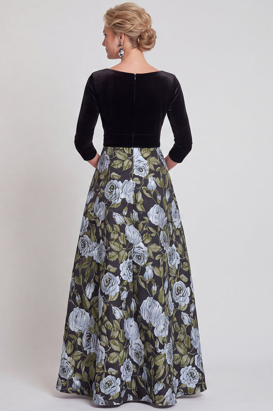 Blue Flower A Line Velvet Long Mother of the Bride Dress with Bow