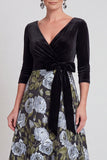 Blue Flower A Line Velvet Long Mother of the Bride Dress with Bow