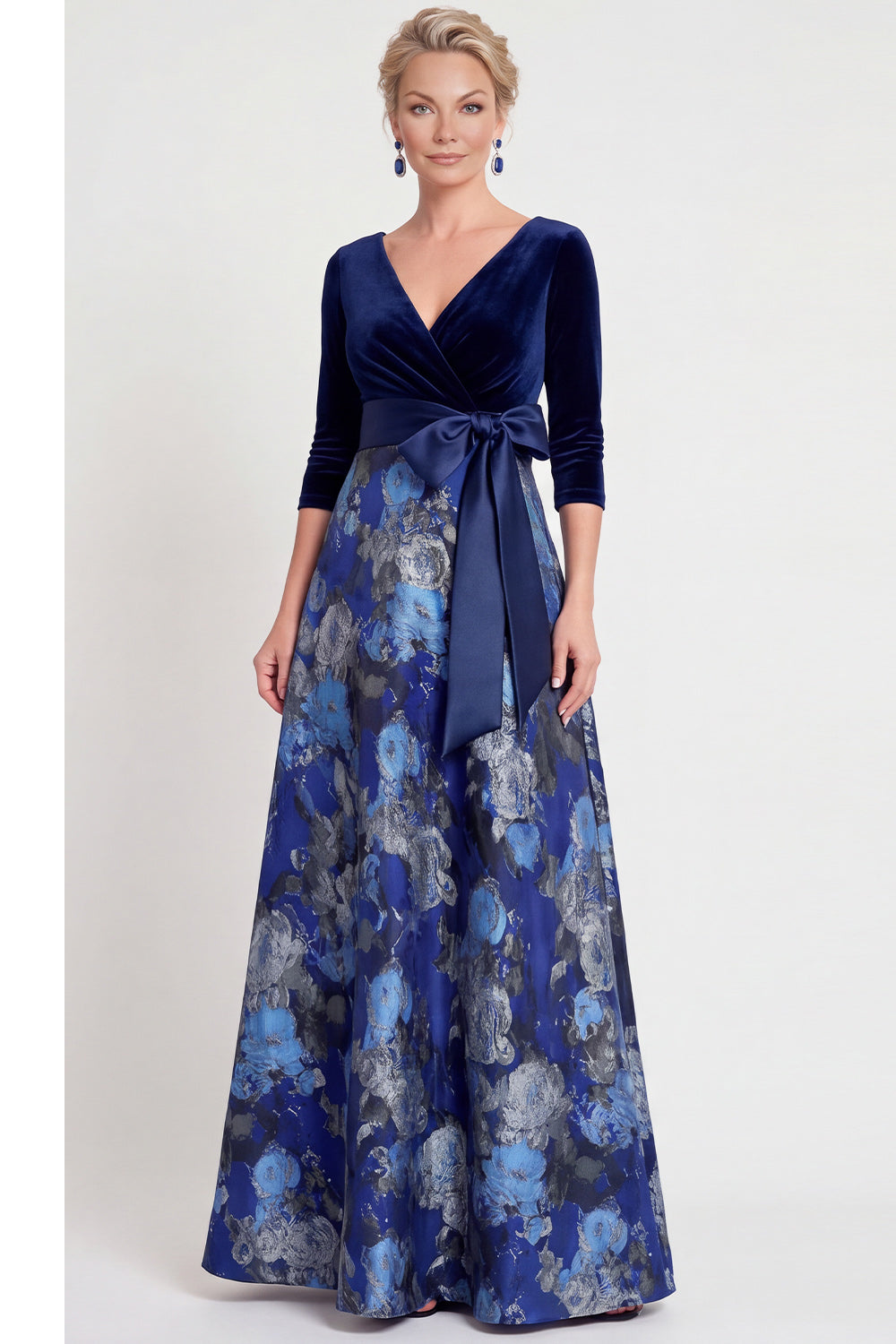 ZAPAKA Women Blue Flower Mother of the Bride Dress with 3/4 Sleeves A-Line V-Neck Long Wedding Guest Dress, Navy / US14