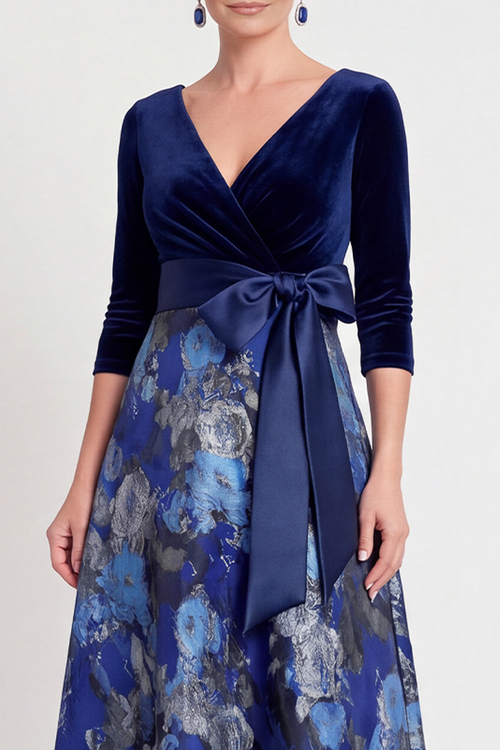 Blue Flower A Line Velvet Long Mother of the Bride Dress with Bow